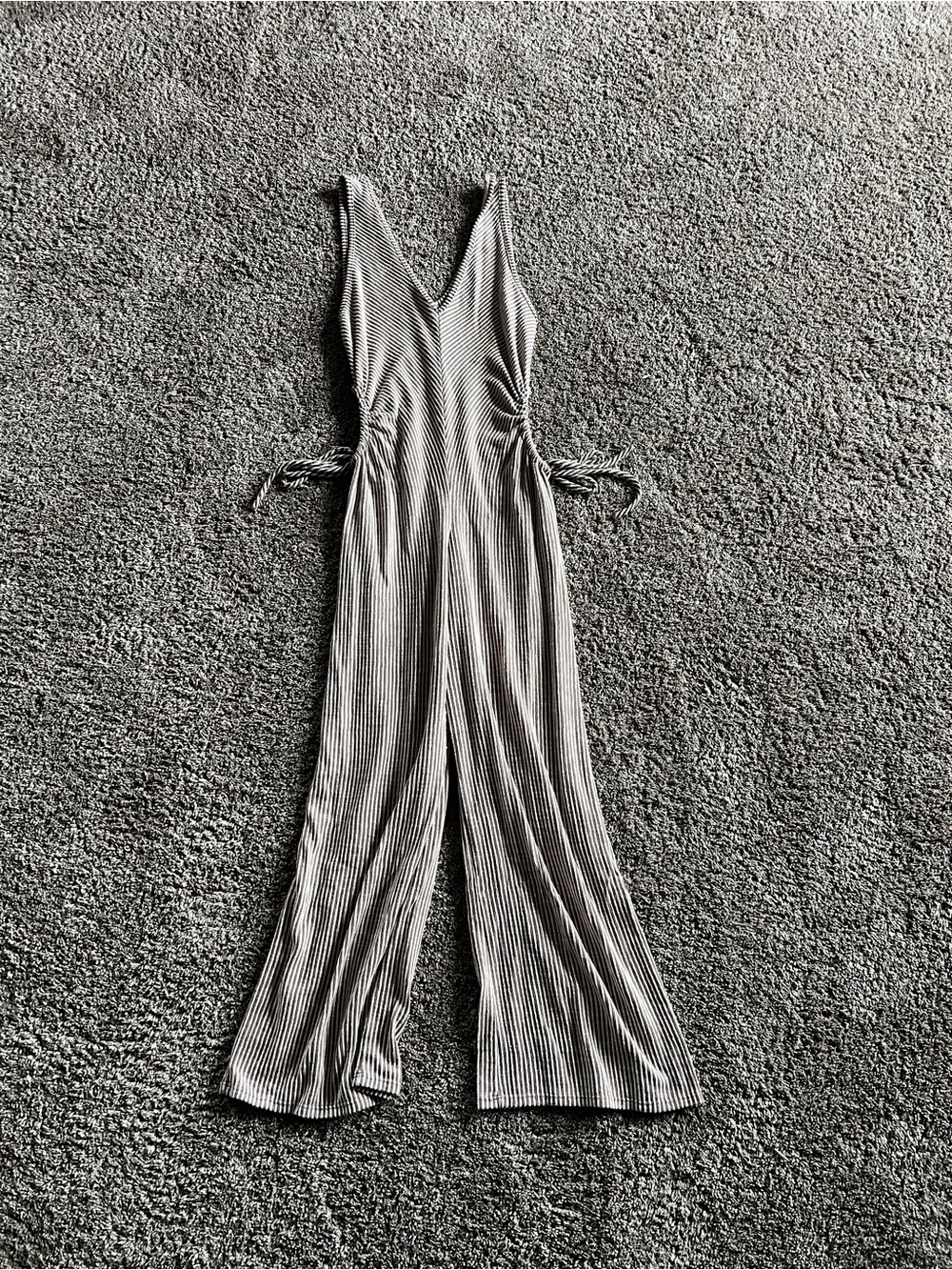Striped Wide-Leg Jumpsuit with Side Tie - Tan & White